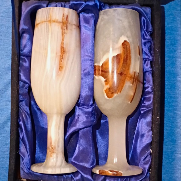 Other - Hand Carved Alabaster Goblets From Pakistan Set of 2 w/ Satin Box